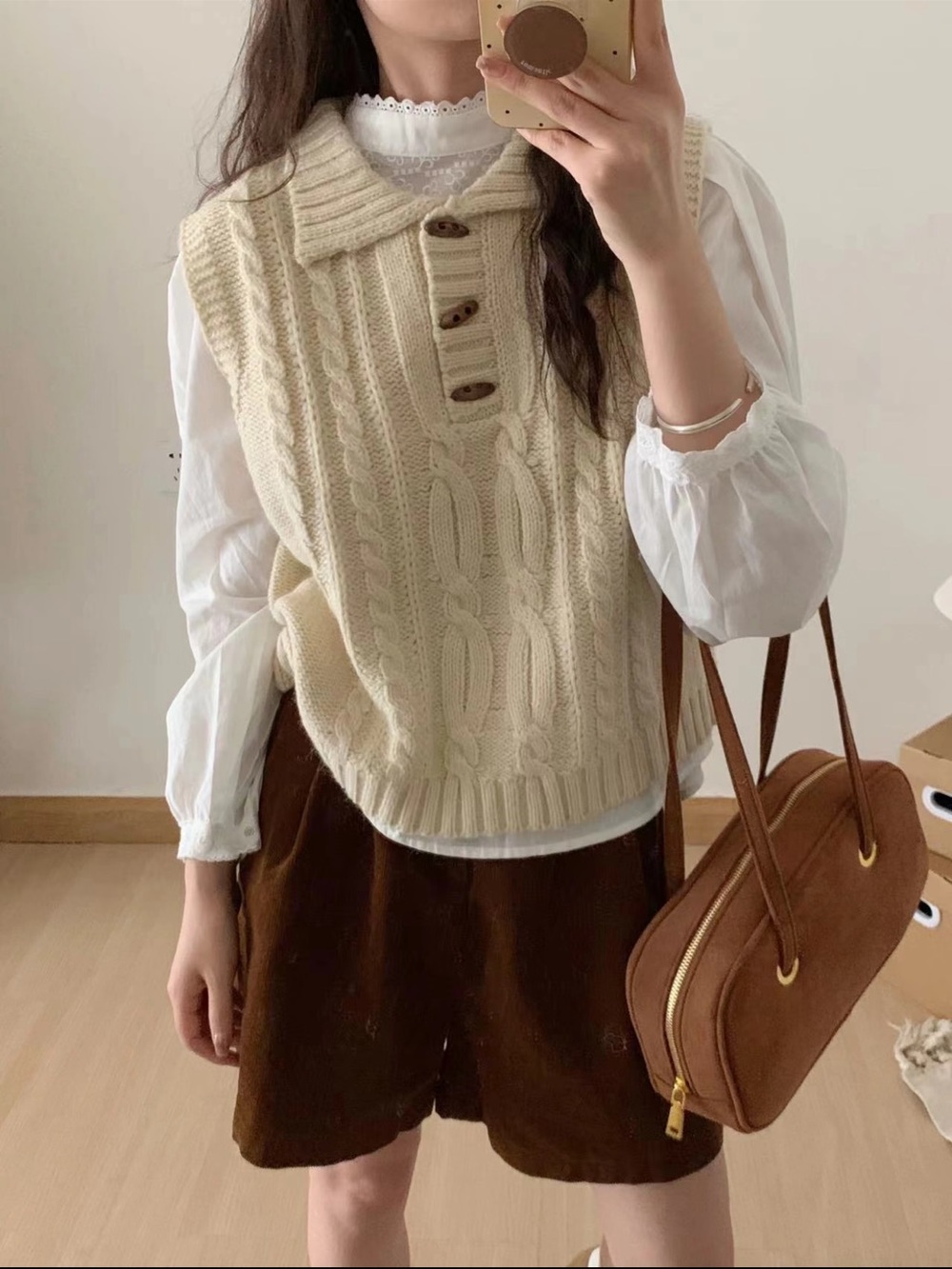Korean Cream Cable Knit Turtleneck Sleeveless Sweater Vest